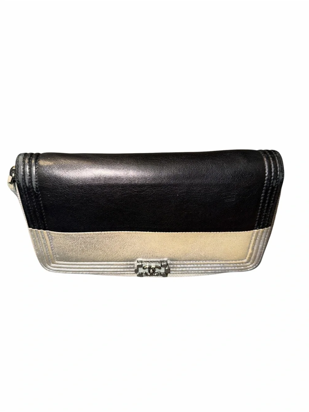 CHANEL Black/Silver Leather Compact Boy Wallet